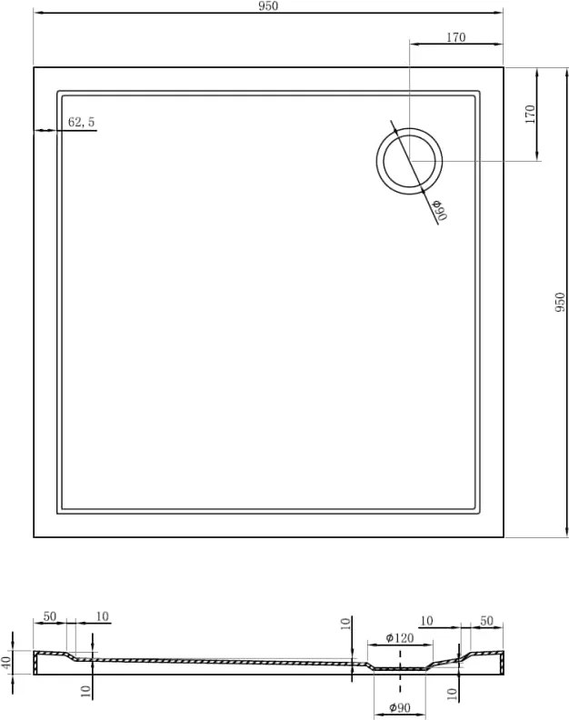 Mexen Flow štvorcová Slim vanička 95 x 95 cm, biely lesk - 46S109595