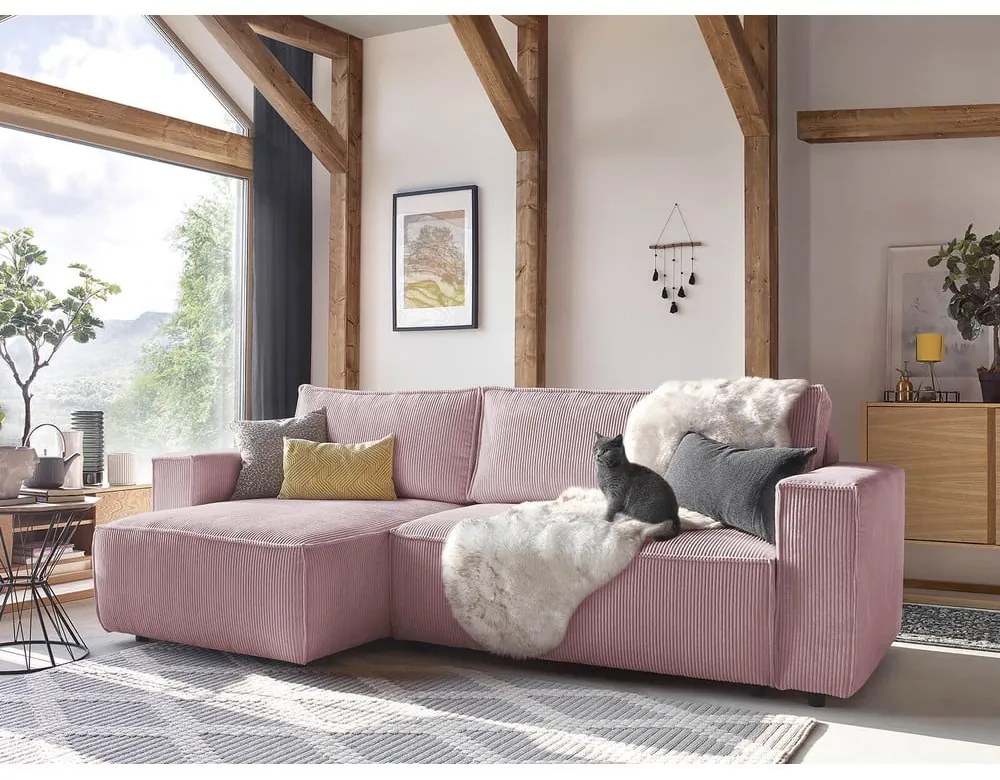 Svetloružová menčestrová rozkladacia rohová variabilná pohovka Nihad – Bobochic Paris