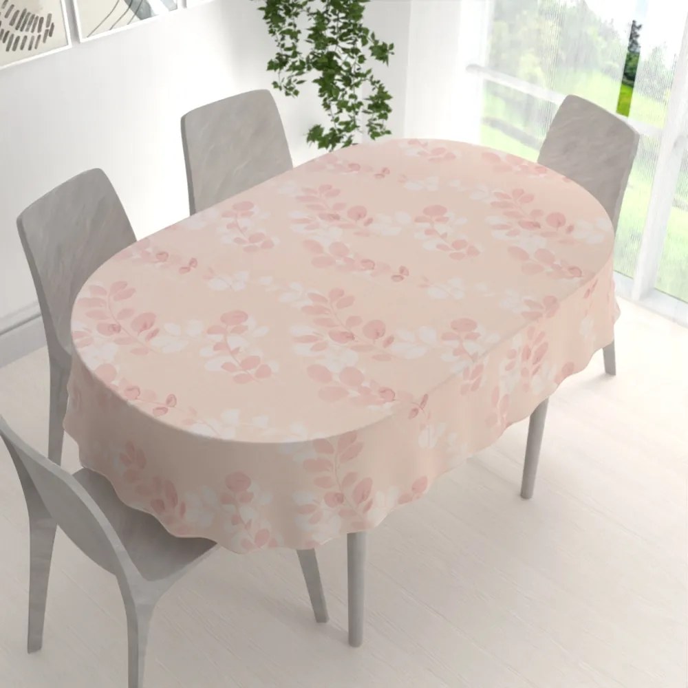 Biante Bavlnený oválny obrus Sandra SA-682 Eukalyptové listy na pastelovo ružovom 140x200 cm