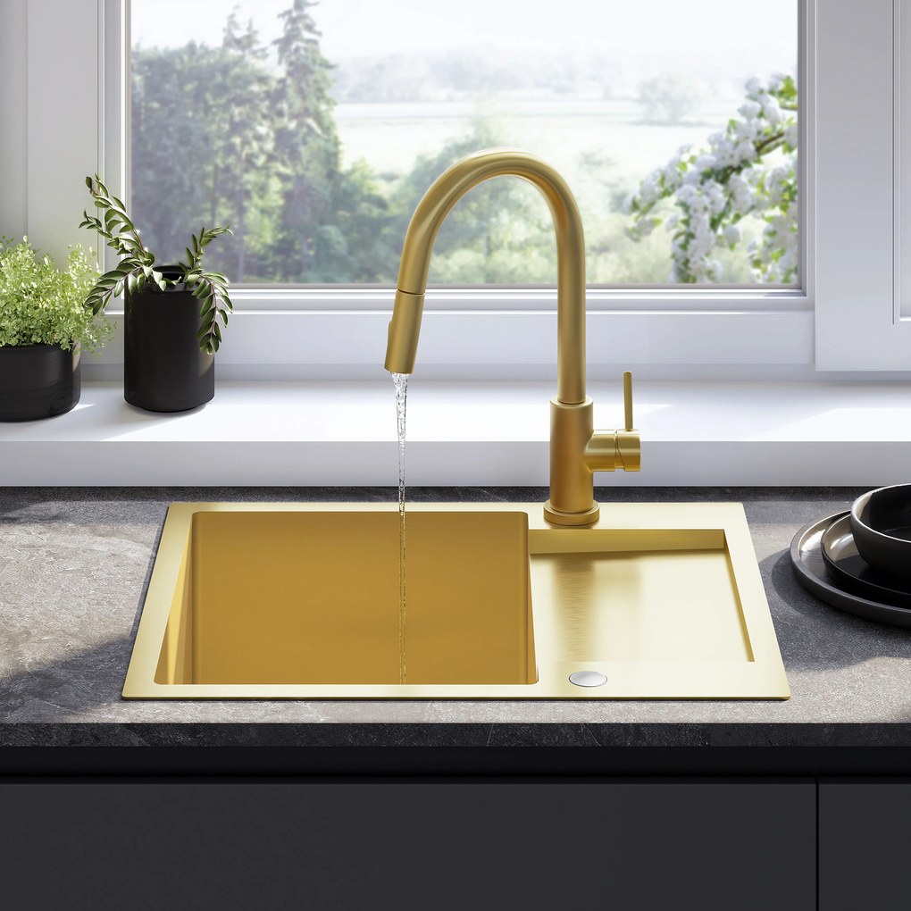 Rea Paul, 1-komorový oceľový drez 600x480x185 mm, zlatá matná, ZLE-06010