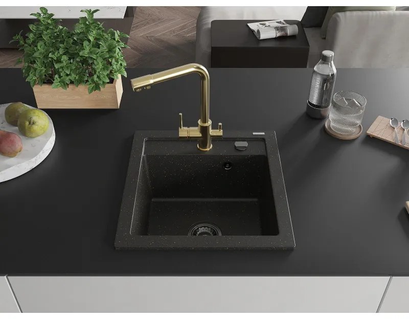 Mexen Vito, 1-komorový granitový drez 520x490x210 mm, zlatá batéria Duero, čierna - zlatá metalíza, 6503-75-671600-50-B
