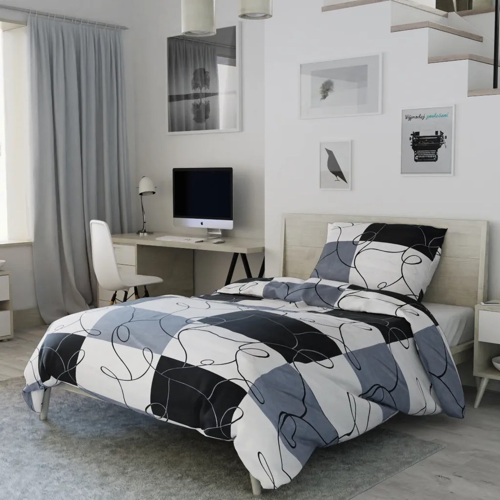 Písecké lůžkoviny Bavlnené obliečky Šach sivý Standardní: Obliečky na prikrývku s vankůšom 70 x 90 + 140 x 200 cm