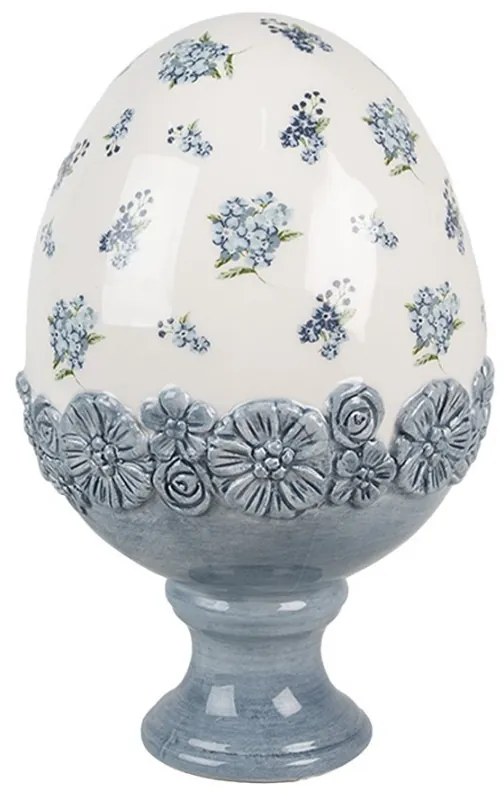 Biele keramické vajíčko s modrými kvetmi na podstavci - Ø 12*19 cm