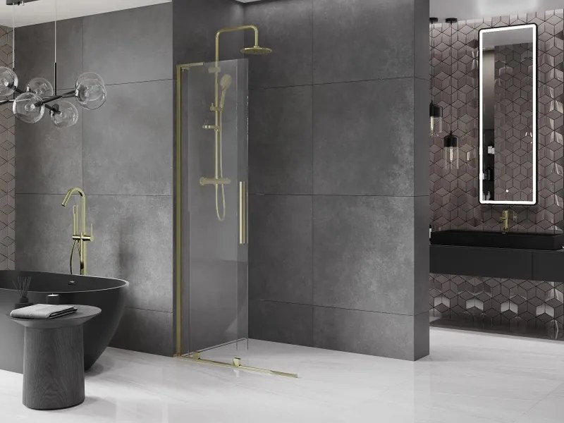 Mexen Velar L, posuvná sprchová zástena Walk-in 120 x 200 cm, 8mm číre sklo, zlatá lesklá, 871-120-003-03-50