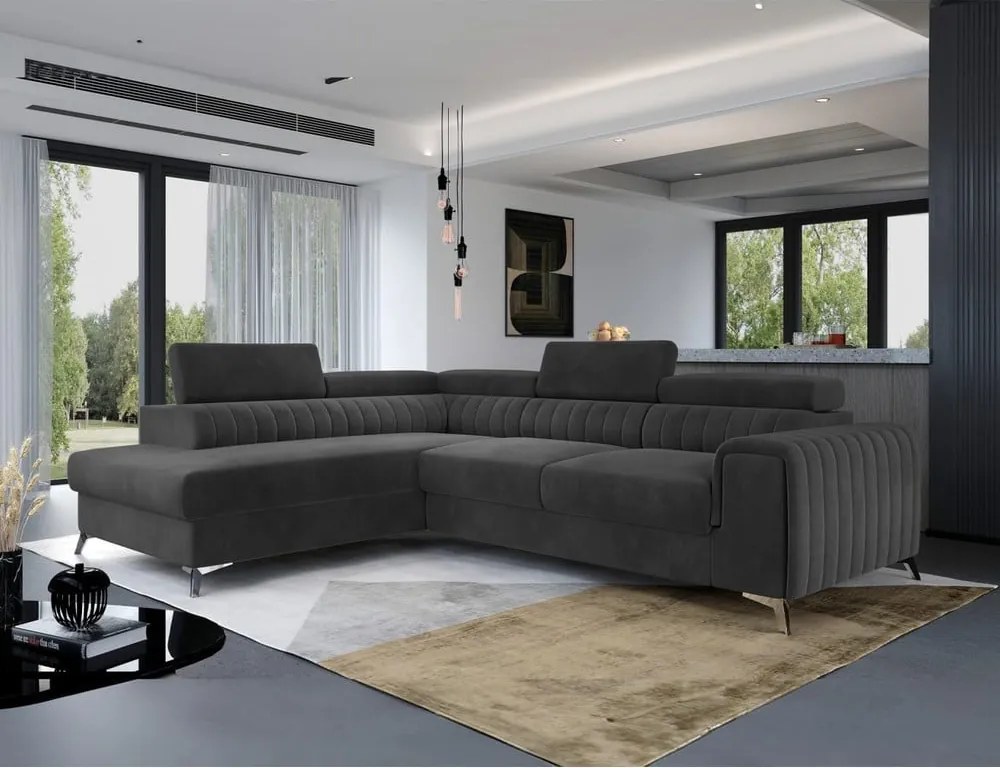 Tmavosivá zamatová rozkladacia/s úložným priestorom rohová pohovka (ľavý roh/do L) Laurence – ELTAP