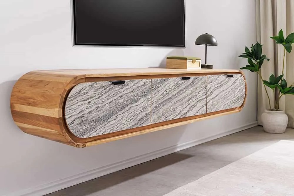 Dizajnový závesný TV stolík Callison 160 cm akácia / vzor kameň