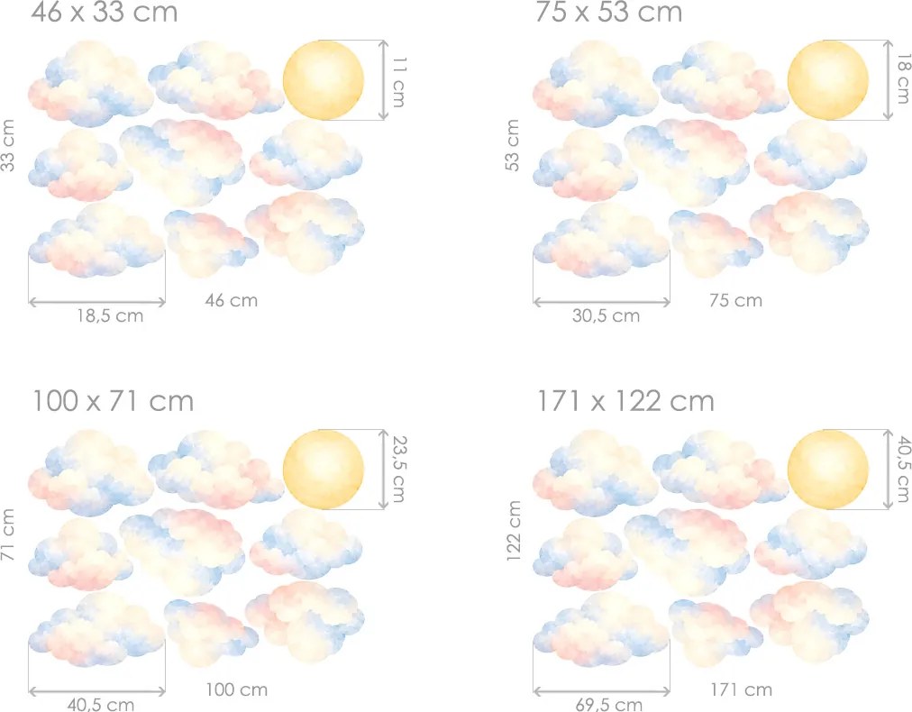 Jemné akvarelové obláčiky a slnko nálepky na stenu pre deti list 100 x 71 cm