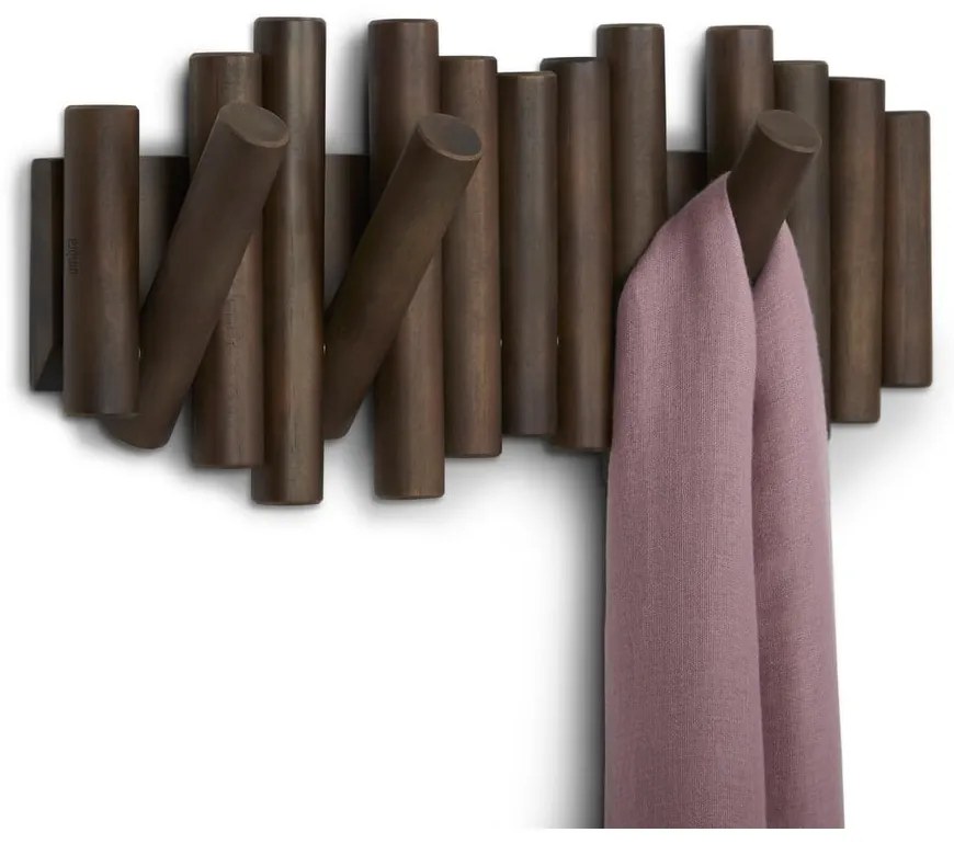 Tmavohnedý nástenný vešiak z borovicového dreva Picket – Umbra