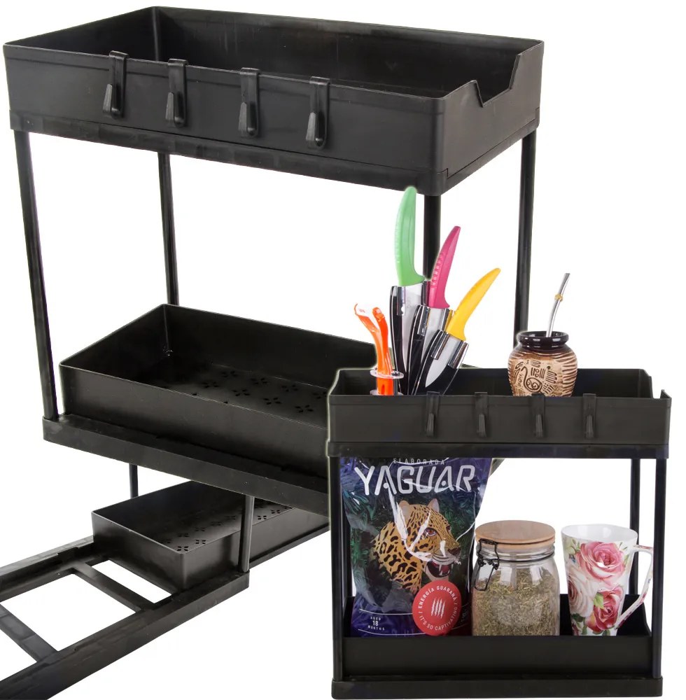 VERK GROUP Výsuvná polička s 2 zásuvkami, čierny plast 36 x 40 x 22 cm