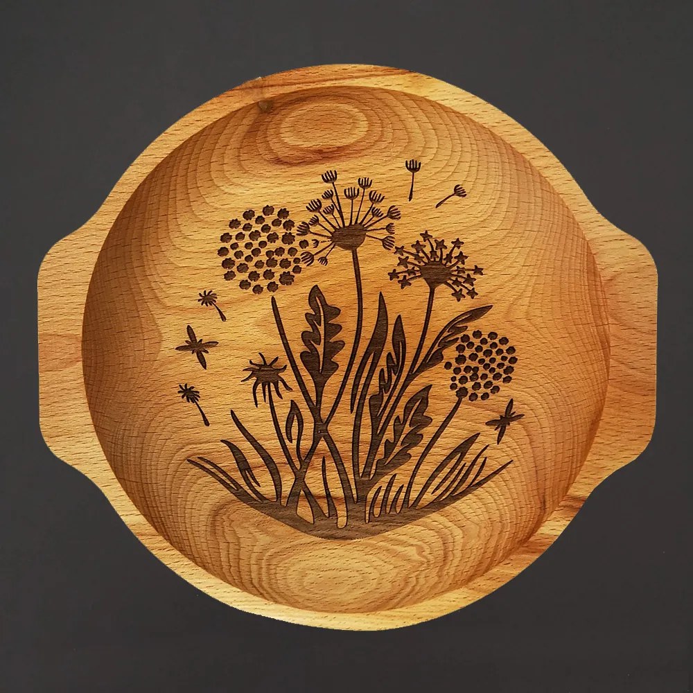 AMADEA Drevená miska kvety - púpavy, masívne drevo, 24 cm