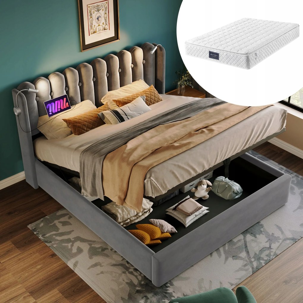 Manželská posteľ Čalúnená posteľ lampa Poplatok 140x200 šedá matrac