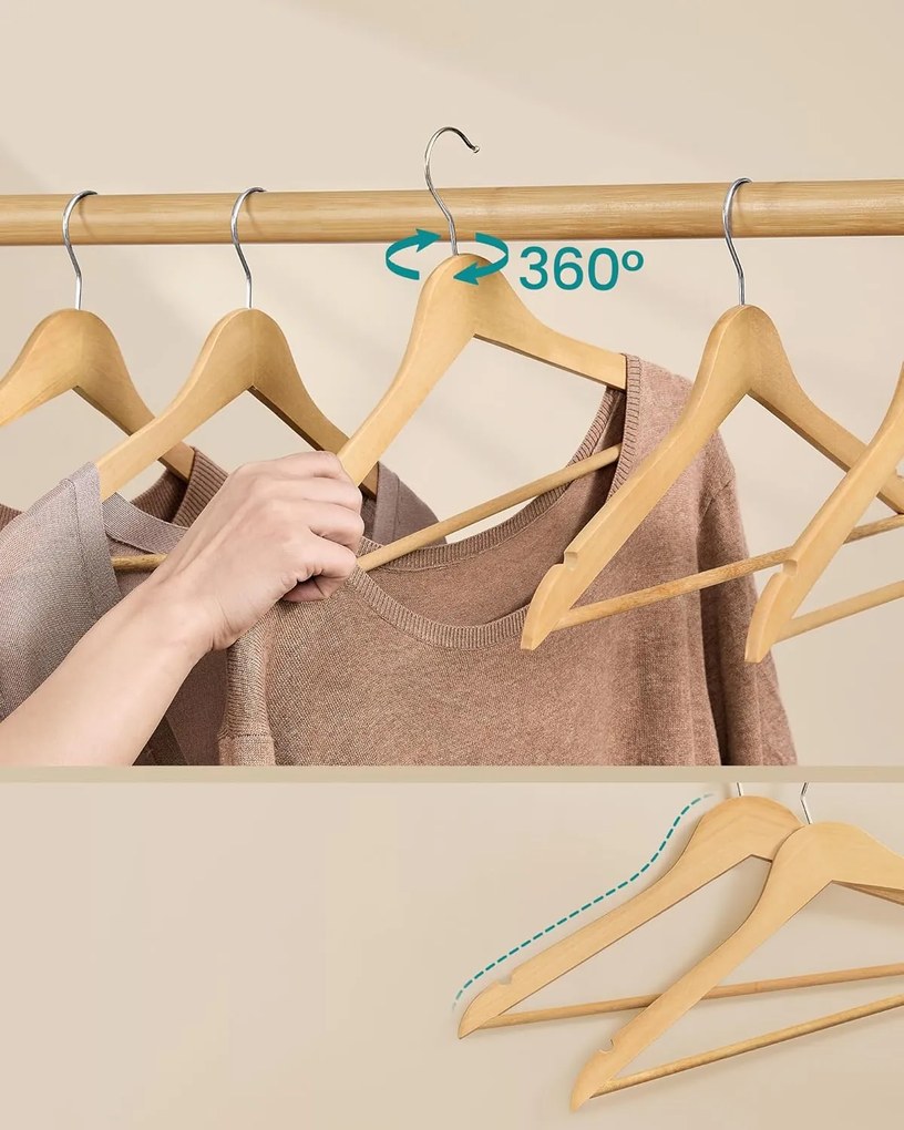 Drevené vešiaky, balenie 30 kusov, otočné háčiky, prírodná farba