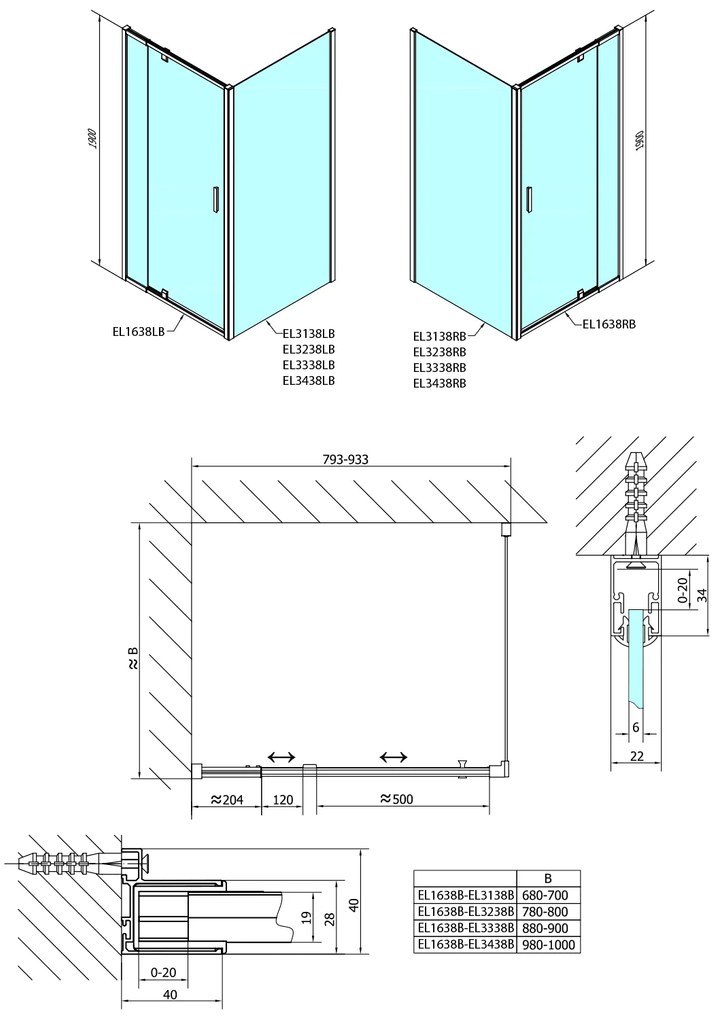 Polysan Polysan, EASY BLACK otočné sprchové dvere 760-900mm, sklo Brick, EL1638B