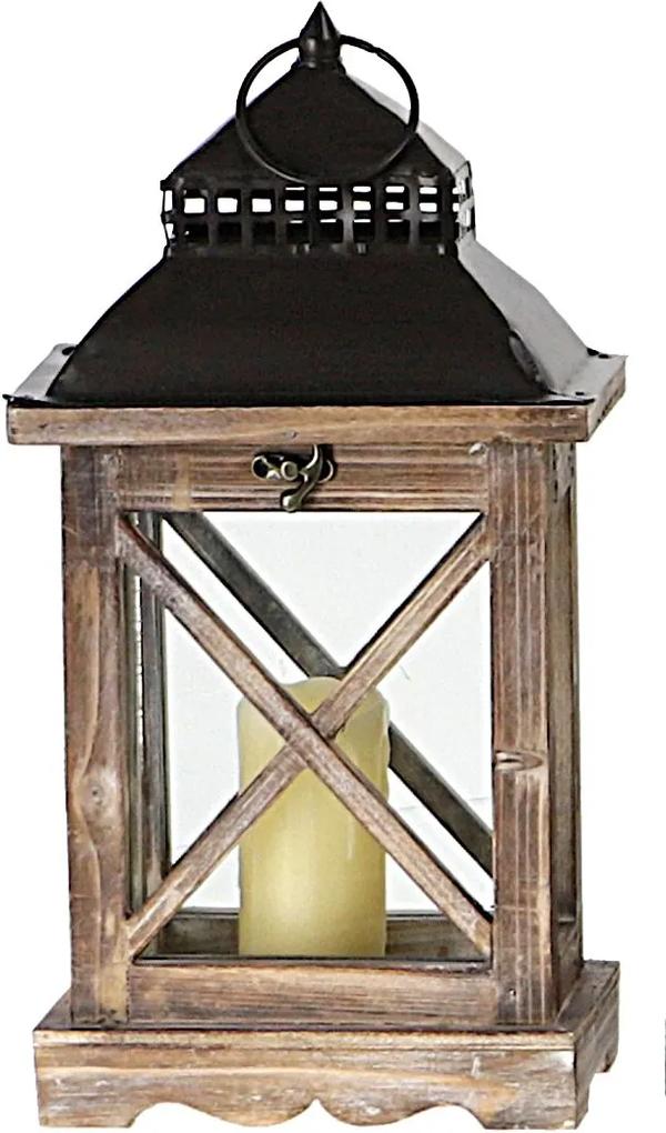 Drevený lampáš s plechovým vrchom MSL3343BR - hnedý (19x12x37 cm) - vidiecky štýl