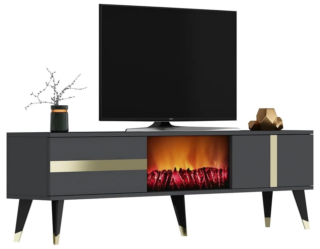 TV stolík/skrinka s krbom Vekika 3 (antracit + zlatá) . Akcia -30%. Vlastná spoľahlivá doprava až k Vám domov. 1095527
