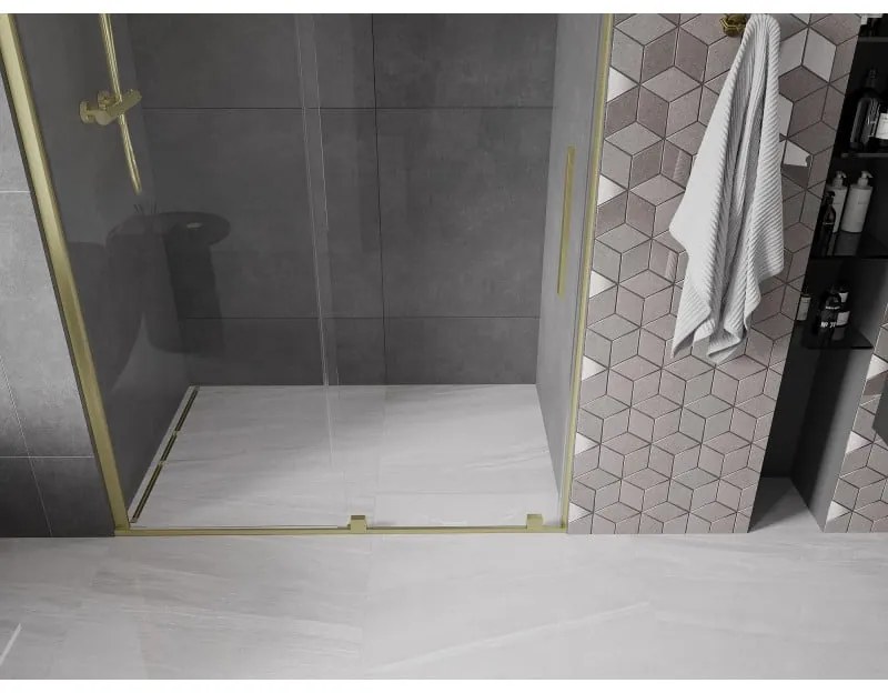 Mexen Velar, posuvné dvere do otvoru 150x200 cm, 8mm číre sklo, zlatá matná, 871-150-000-01-55