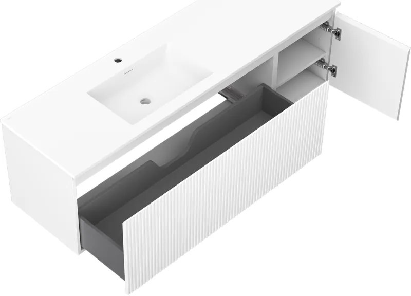 Mexen Rivel, kúpeľňová skrinka 160 cm s ľavým umývadlom Otis, 1S, 1D, drážkovaná, biela matná, 91A23-16047-3-BBFF01-W18L01