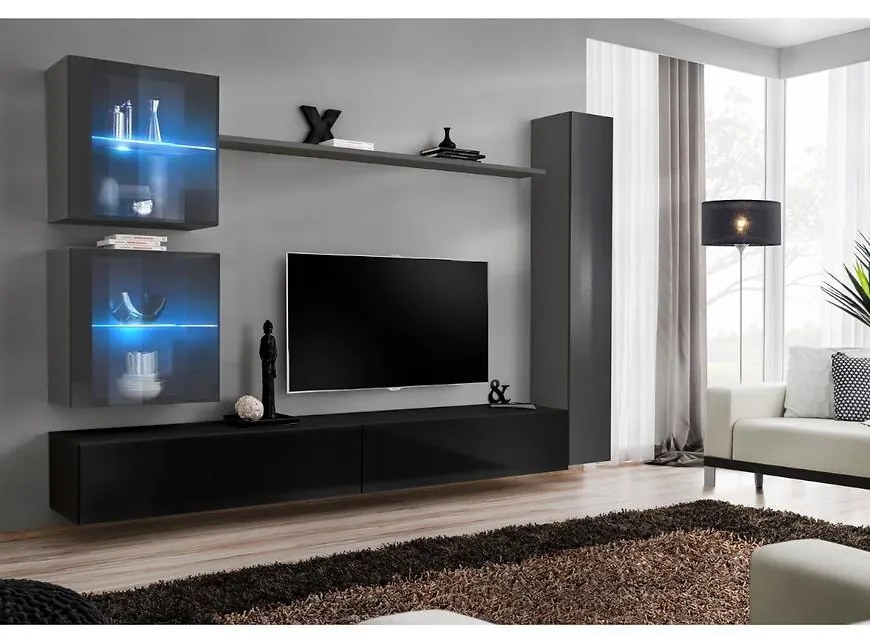 Obývacia stena Switch XVIII Sklo +LED Grafit/čierna