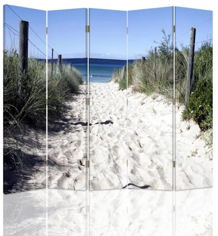 Ozdobný paraván Písečná tráva na mořské pláži - 180x170 cm, päťdielny, obojstranný paraván 360°
