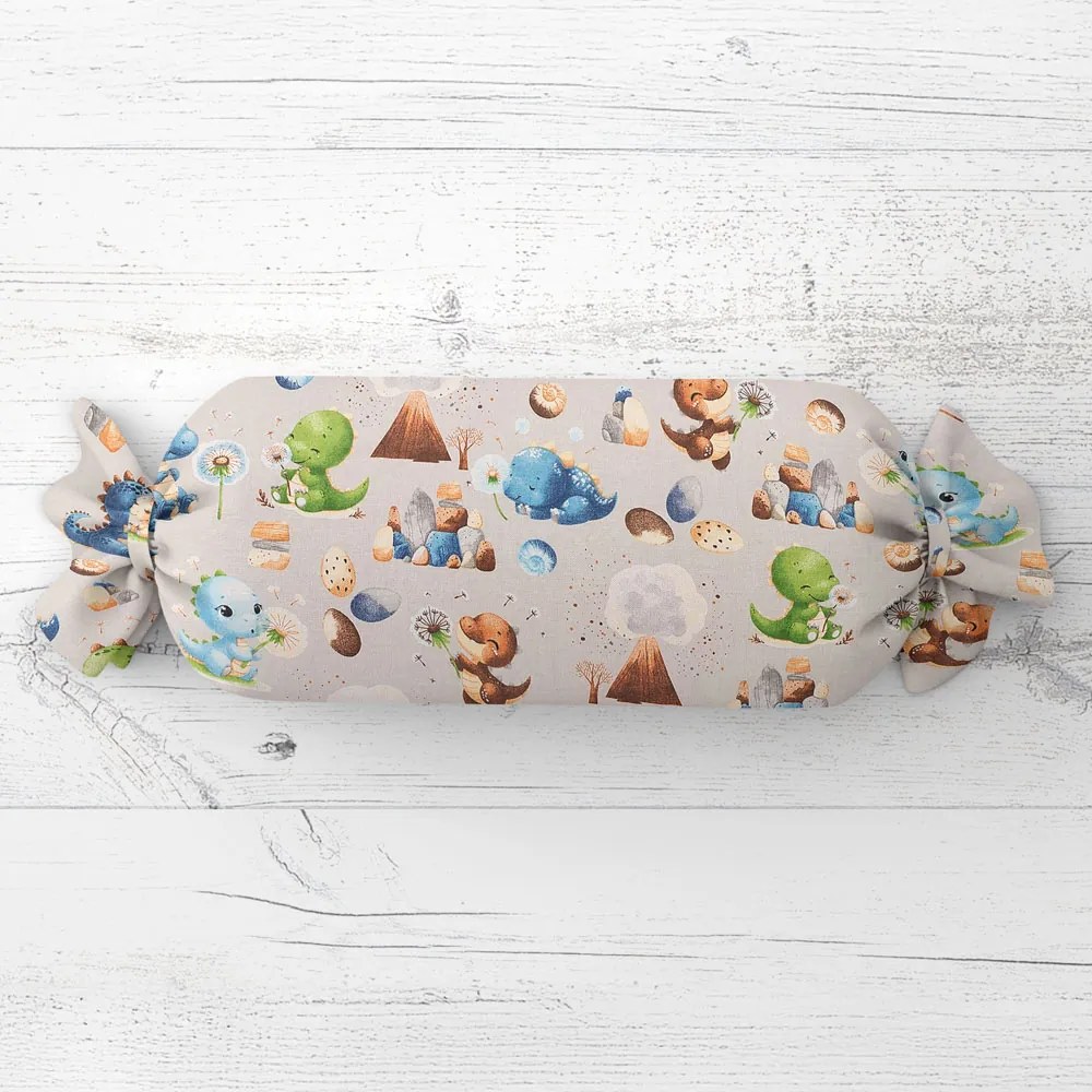 Biante Detský vankúš valec bonbon Sandra SA-656 Modro-zeleno-hnedé dinosaury na svetlo sivom 15x40 cm