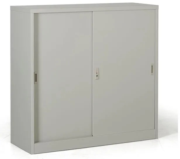 Kovová skriňa s posuvnými dverami, 2 police, 1200 x 1200 x 450 mm, svetlo sivá