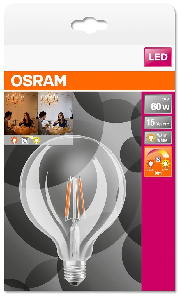 OSRAM LED žiarovka E27 6,5W G125 827 Glow Dim