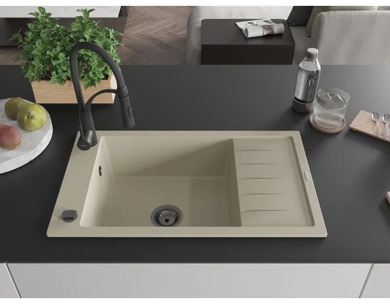 Mexen Elias, 1-komorový granitový drez 795x480x200 mm a drezová batéria Aster, béžová, 6511-69-73450-70-B