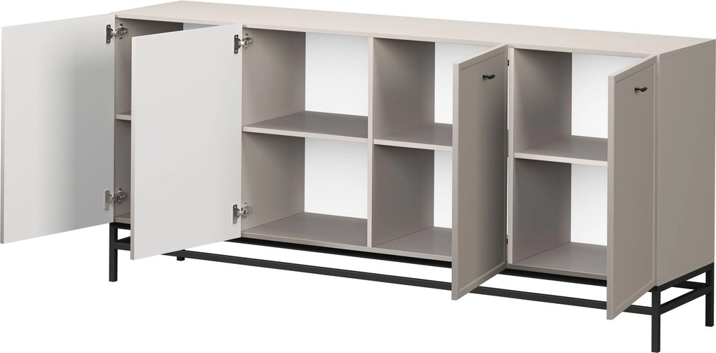 Komoda Lorini 200 cm štvordverová - kašmír / čierne úchytky T-bar / rám