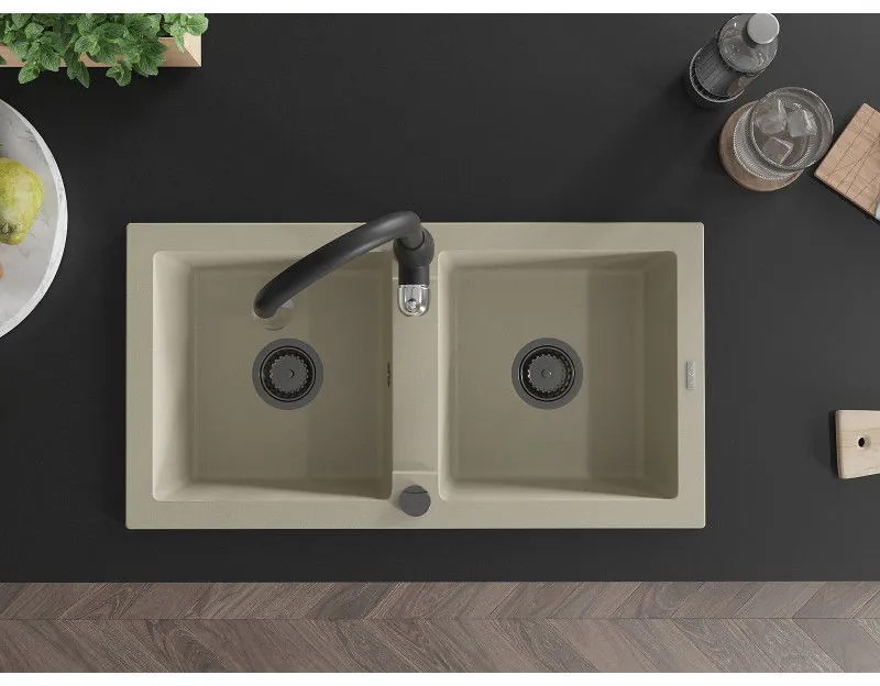 Mexen Mario, 2-komorový granitový drez 820x436x161 mm a drezová batéria Savita, béžová, 6504-69-672601-70
