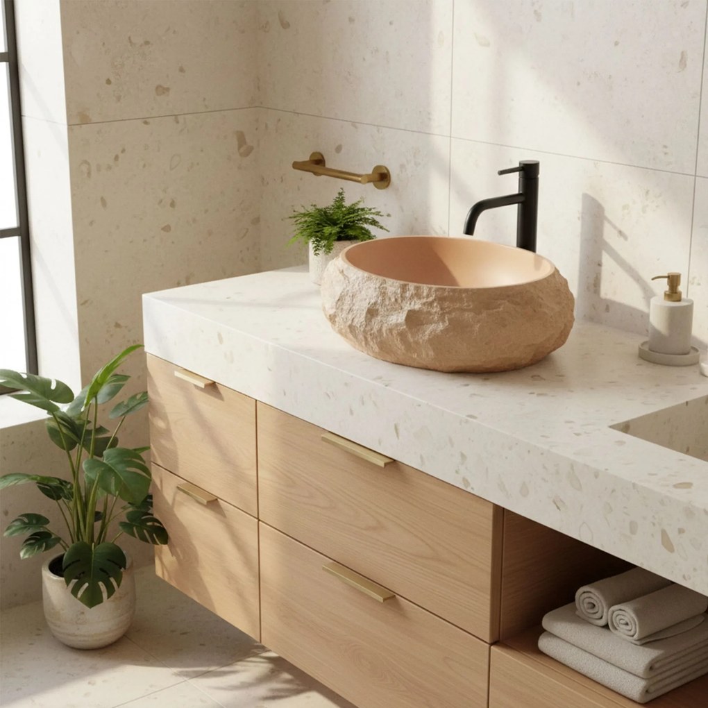 Umývadlo na dosku z kompozitného kameňa REA MIKA LIGHT TERRACOTTA 50x38 cm, béžová