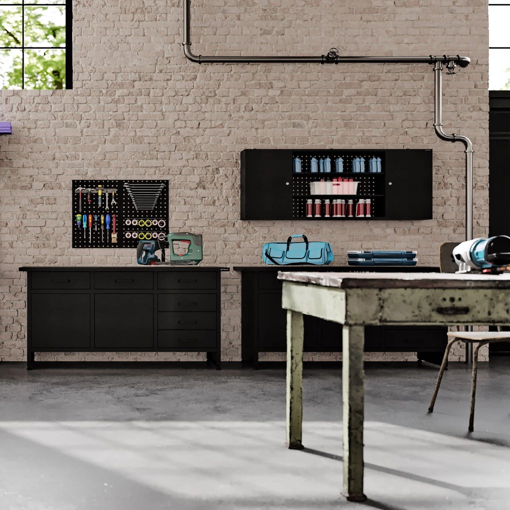 Visiaca dielenská skrinka s perforovanou doskou, čierna, 1600x600x200 mm: LEO All Black