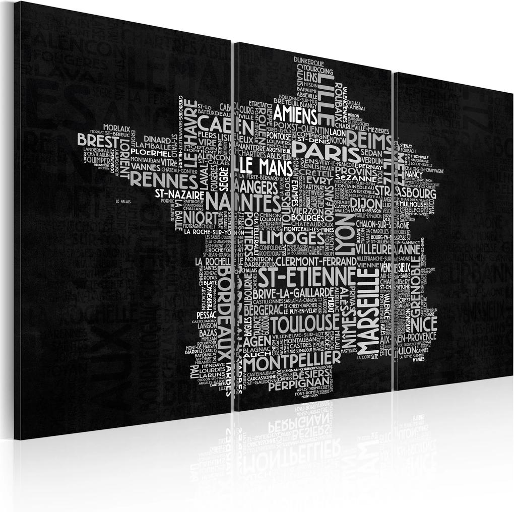 Obraz - Text map of France on the black background - triptych 60x40