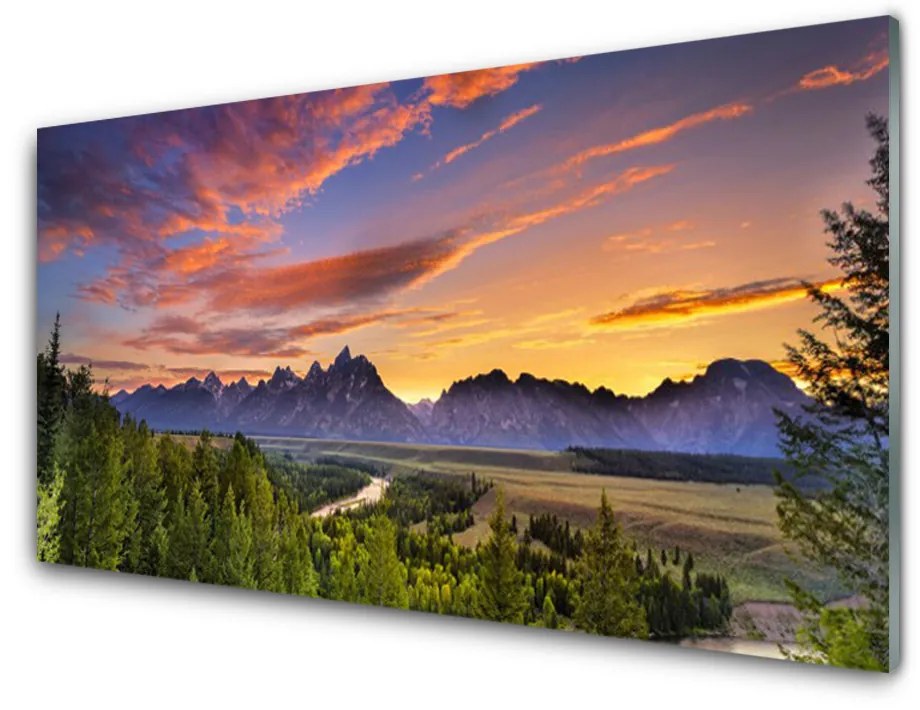 Skleneny obraz Hora les slnko príroda 120x60 cm
