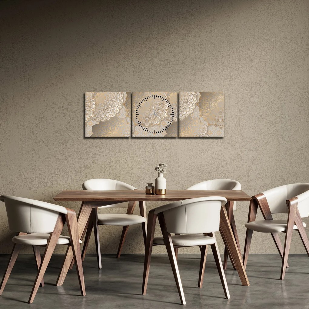 Obraz - Mandaly v zlatých tónoch (s hodinami) (90x30 cm)
