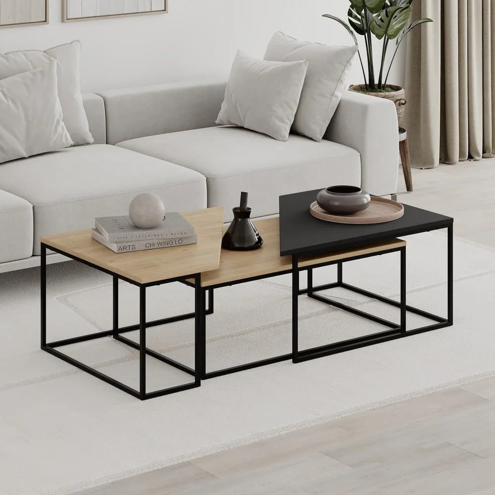 Konferenčné stolíky v súprave 3 ks s doskou v dubovom dekore v prírodnej farbe 70x110 cm Titan – Marckeric