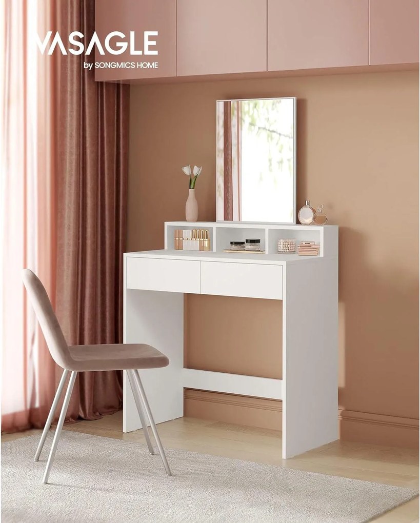 Toaletný stolík, kozmetický stolík s 2 zásuvkami a 3 priehradkami, biely