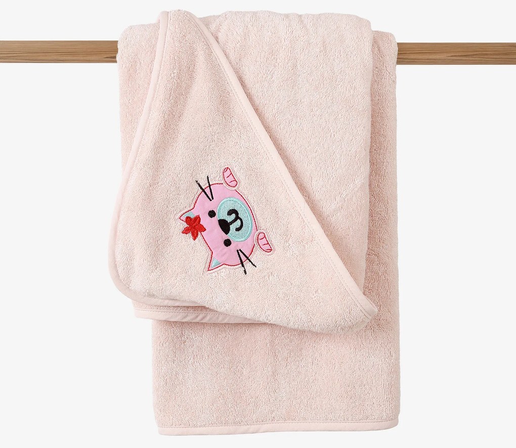 Goldea detská froté osuška s kapucňou - mačička na svetlo ružovej 100 x 100 cm