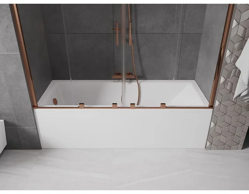 Mexen Velar Duo, 2-krídlová posuvná vaňová zástena 200 x 150 cm, 8mm číre sklo, ružové zlato profil, 896-200-000-02-60