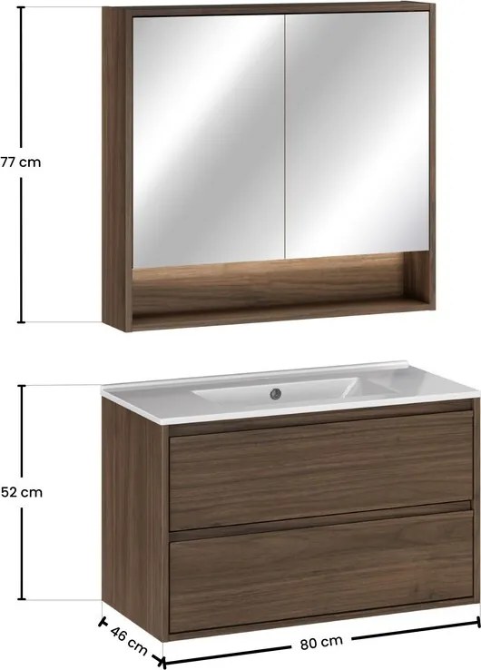 Koupelnová sestava Villa se zápustným umyvadlem a zrcadlem 80 cm ořech