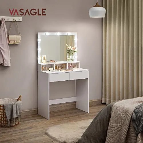 SongmicsHome Toaletný stolík VANESA s veľkým zrkadlom a osvetlením, 80x40x140cm, biela