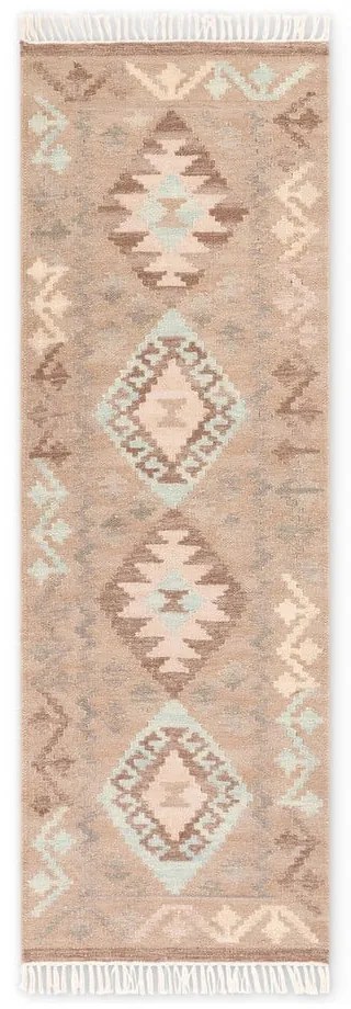 Svetlomodrý/béžový obojstranný ručne tkaný vlnený behúň 60x190 cm Kamal Dune – Nouristan