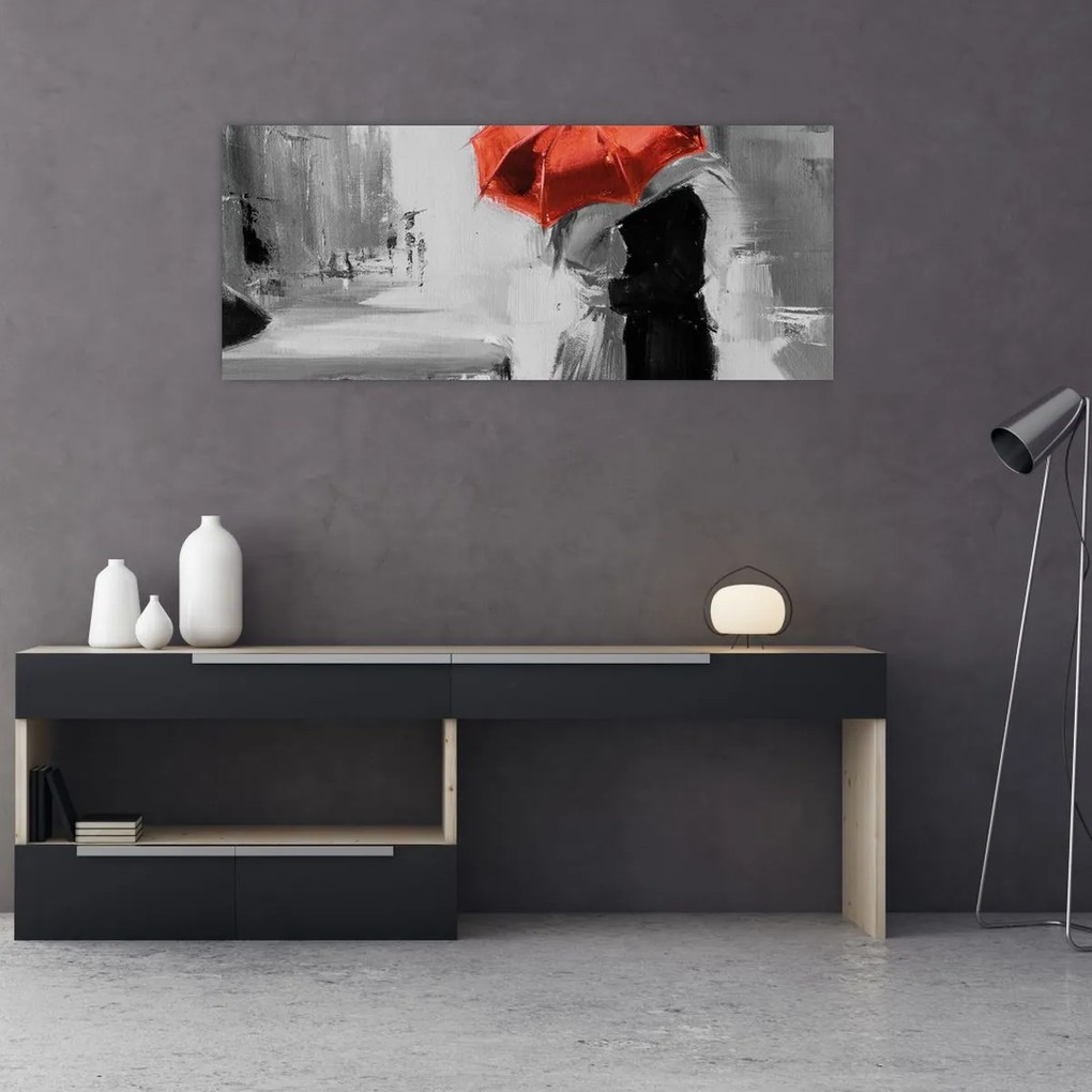 Obraz - Zamilovaný pár pod dáždnikom, červený (120x50 cm)