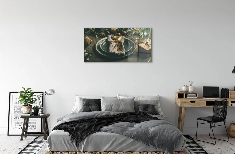 Sklenený obraz Tanier príbory ozdoby darčeky 100x50 cm