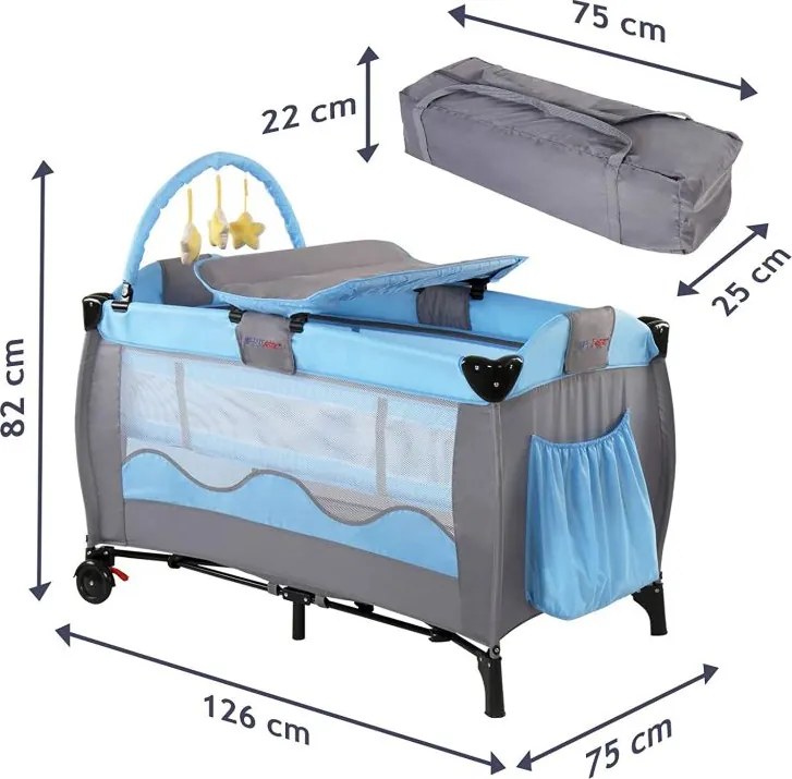 Cestovná postieľka s prebaľovacím pultom, modrá/sivá