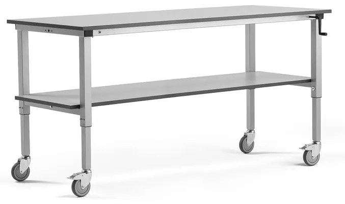 Mobilný dielenský stôl MOTION, nastaviteľný, s policou, 2000x800 mm, šedý