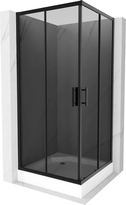 Mexen Rio, štvorcový sprchovací kút s posuvnými dverami 90(dvere) x 90(dvere) x 190 cm, 6mm šedé sklo, čierny profil + biela sprchová vanička RIO, 860-090-090-70-40-4510