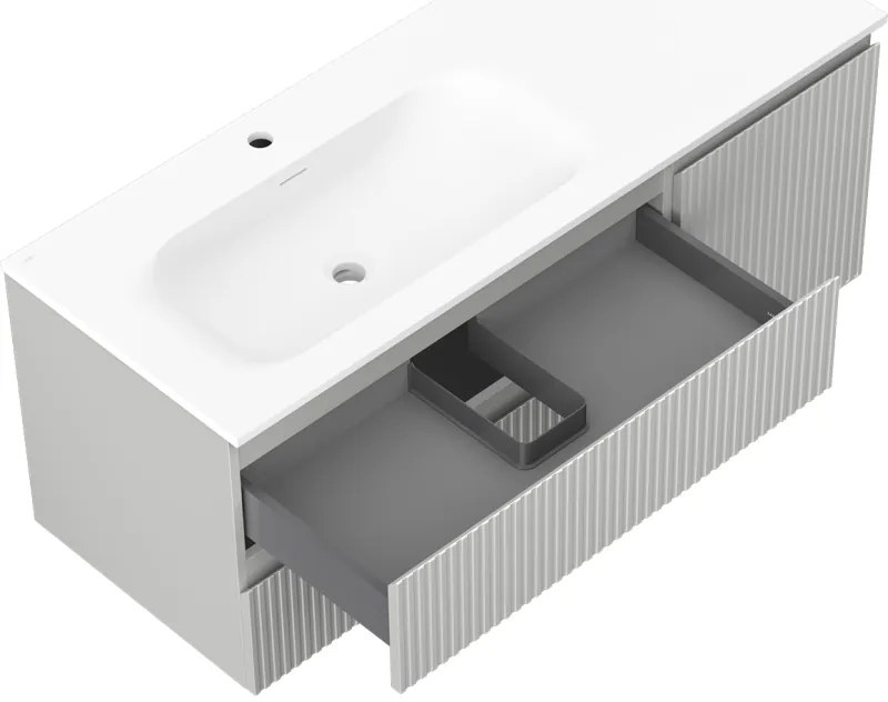 Mexen Rivel, kúpeľňová skrinka 120 cm s umývadlom Vela vľavo, 2S, 1D, drážkovaná, sivá matná/biela matná - 91A23-12047-3-BBFFF62-W23L01