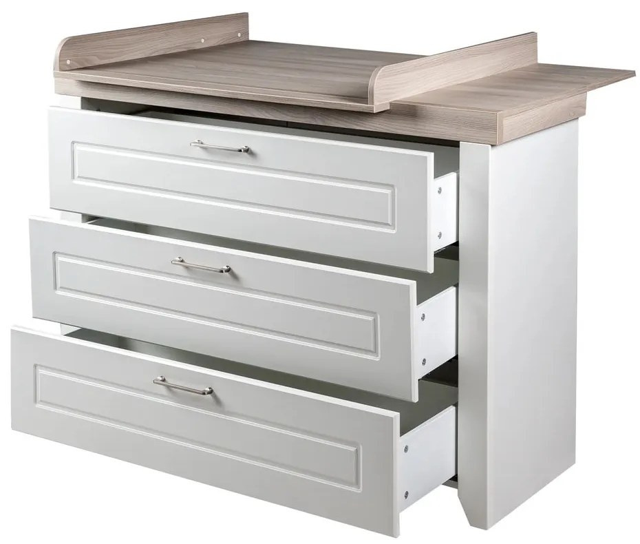 Biela nízka detská komoda v dekore brestu s prebaľovacím pultom 120x98 cm Felicia – Roba