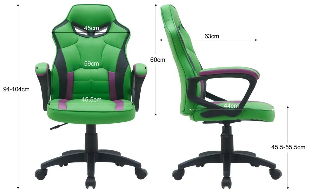 Ergonomická kancelárska stolička, zelená s fialovými prvkami