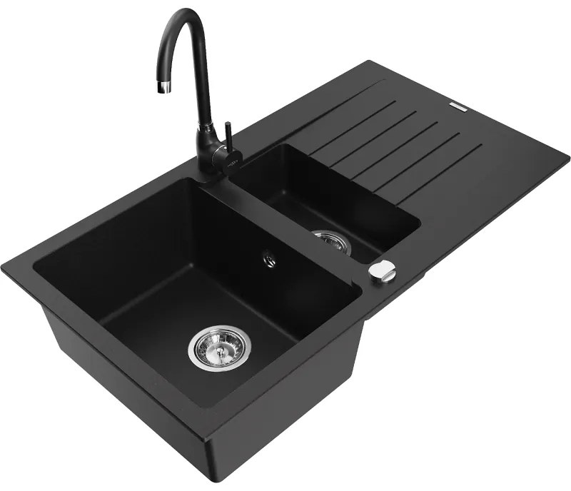 Mexen Matias, 1,5-komorový granitový drez s odkvapkávačom 90x50 cm a kuchynskou batériou Telma, čierna, 6502-77-670200-70